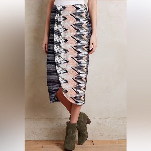 Anthropologie Maeve Plata Chevron Women’s Stretch Midi Skirt Faux Wrap Large - Picture 1 of 14